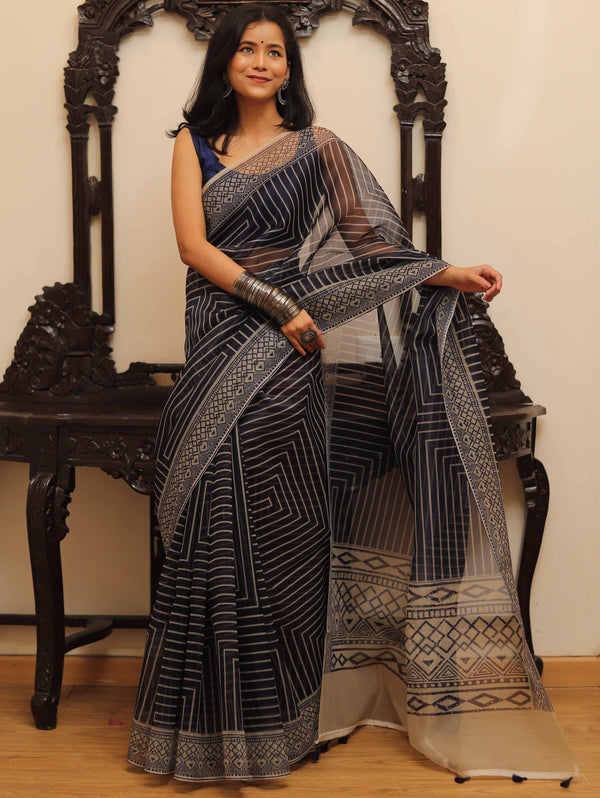Banarasee Mix Organza printed Saree-Blue