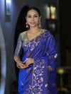Banarasee Handloom Semi Silk Saree With Leaf Pattern & Floral Zari Border-Blue (Dual Tone)