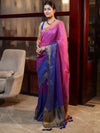 Banarasee Handloom Pure Linen Saree With Gold Zari Border-Multicolor