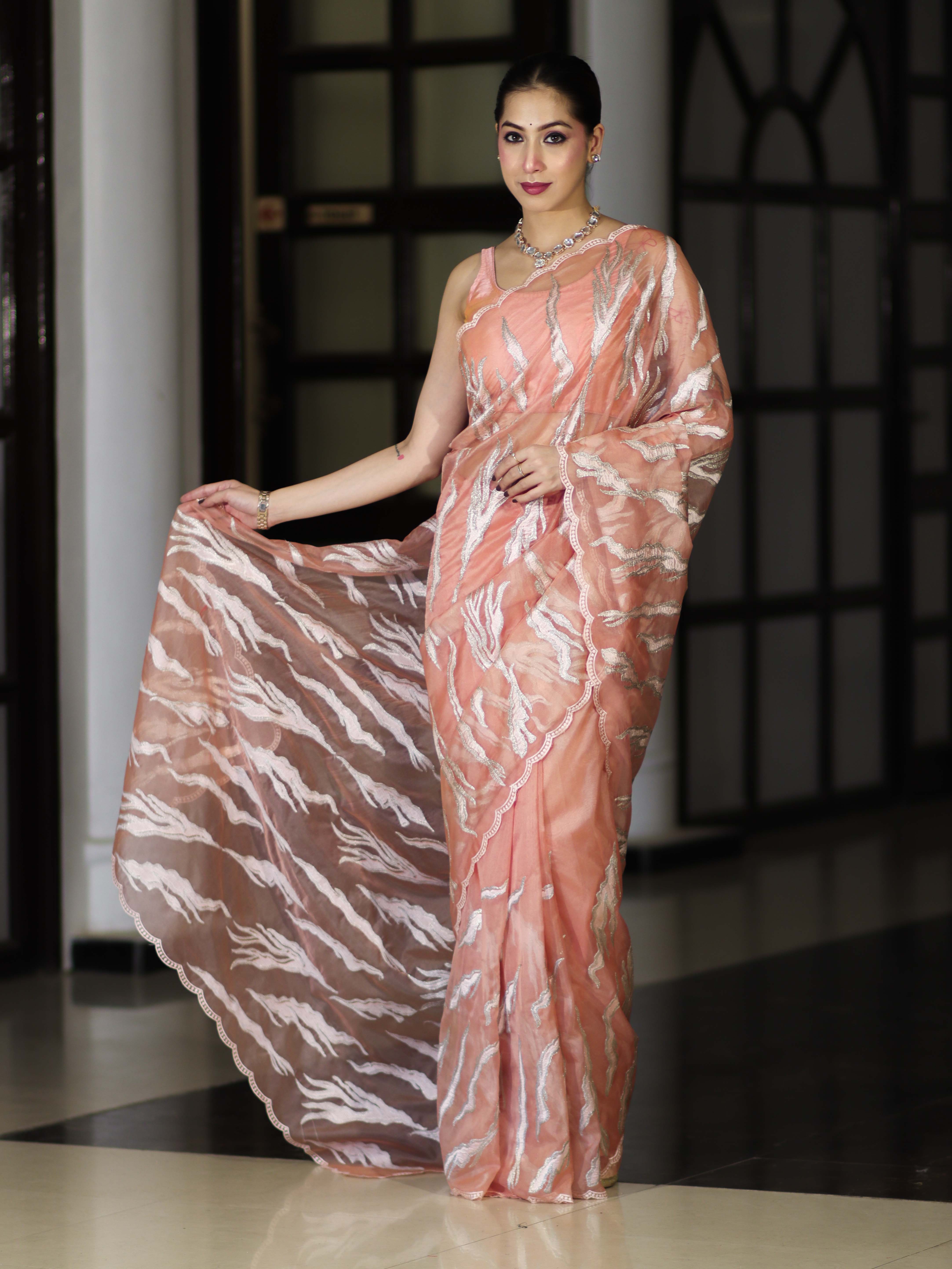 Banarasee Handloom Organza Saree With Resham Zari Work & Scallop Border-Peach