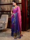 Banarasee Handloom Pure Linen Saree With Gold Zari Border-Multicolor