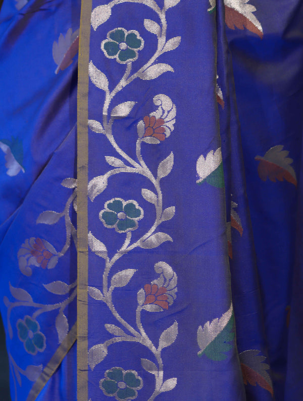 Banarasee Handloom Semi Silk Saree With Leaf Pattern & Floral Zari Border-Blue (Dual Tone)