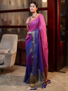 Banarasee Handloom Pure Linen Saree With Gold Zari Border-Multicolor