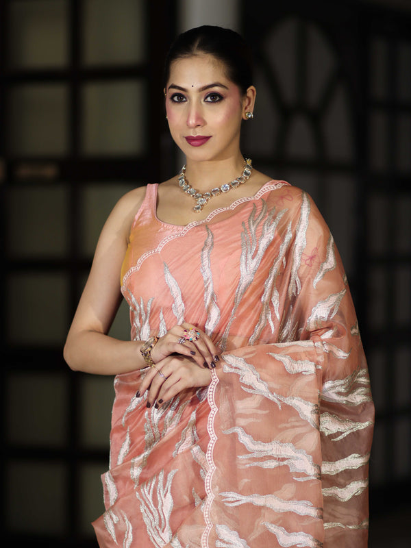 Banarasee Handloom Organza Saree With Resham Zari Work & Scallop Border-Peach