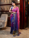 Banarasee Handloom Pure Linen Saree With Gold Zari Border-Multicolor