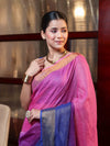 Banarasee Handloom Pure Linen Saree With Gold Zari Border-Multicolor