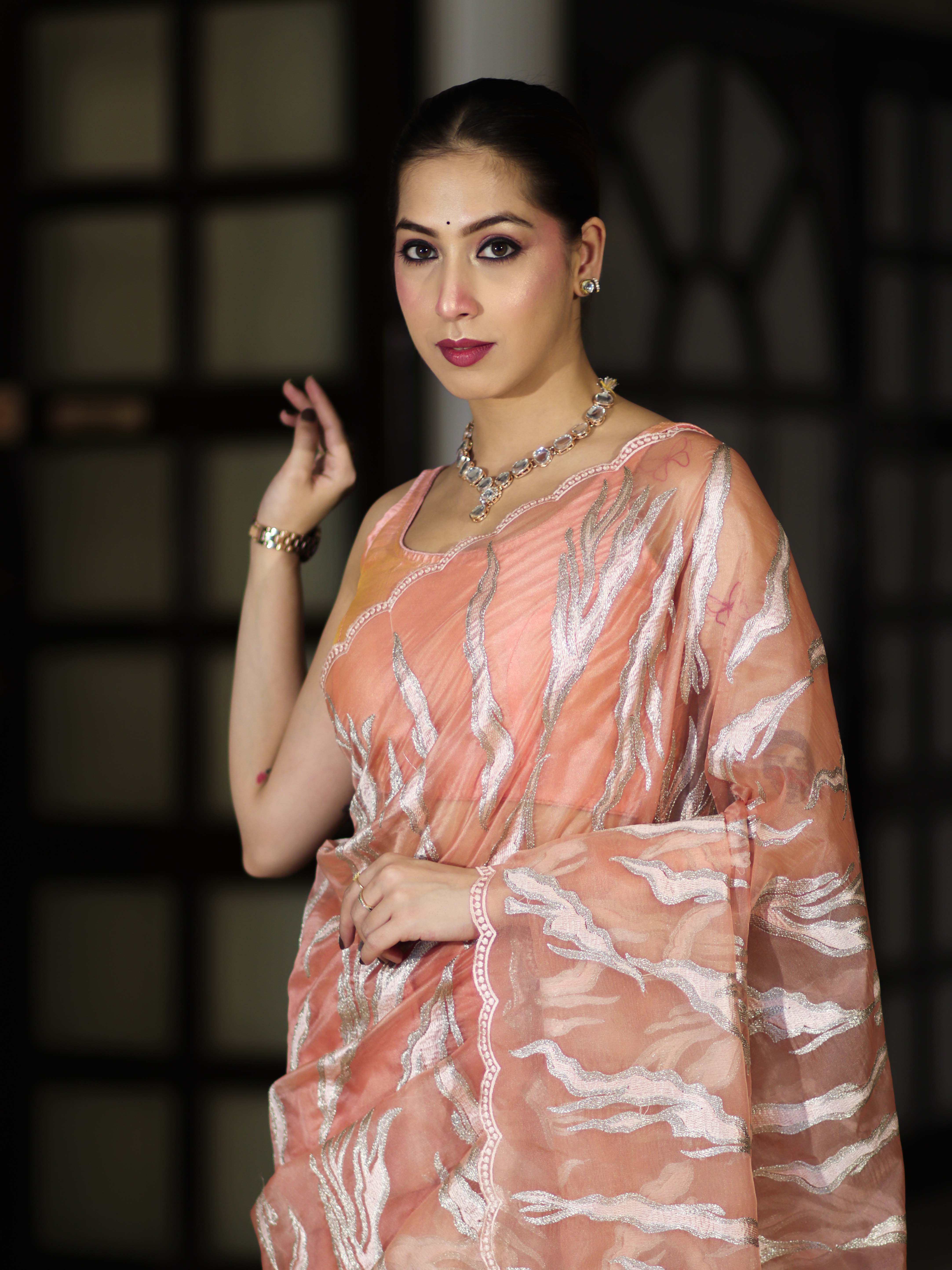 Banarasee Handloom Organza Saree With Resham Zari Work & Scallop Border-Peach