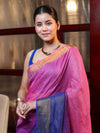 Banarasee Handloom Pure Linen Saree With Gold Zari Border-Multicolor