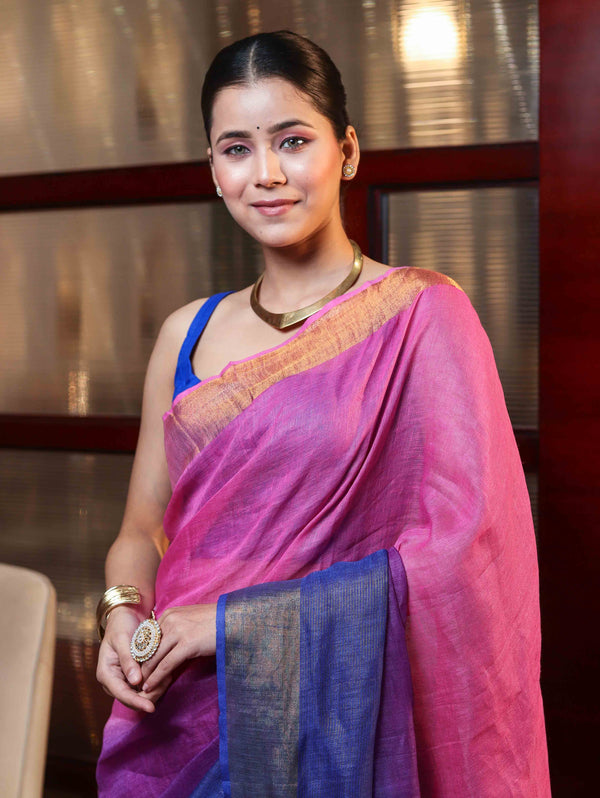 Banarasee Handloom Pure Linen Saree With Gold Zari Border-Multicolor