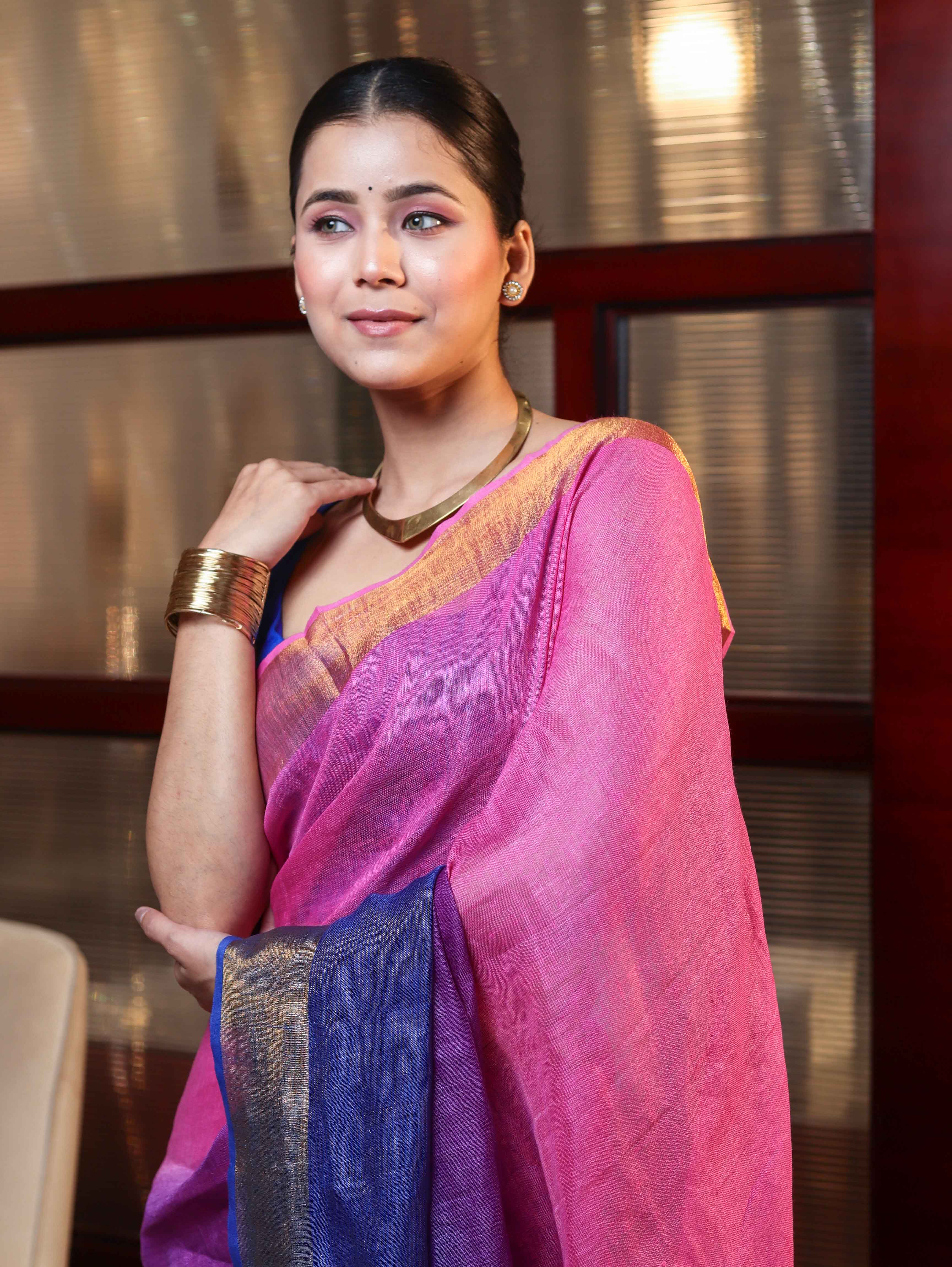 Banarasee Handloom Pure Linen Saree With Gold Zari Border-Multicolor