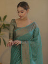 Banarasee Handwoven Semi Silk Saree With Antiue Zari Buti & Border-Pastel Green