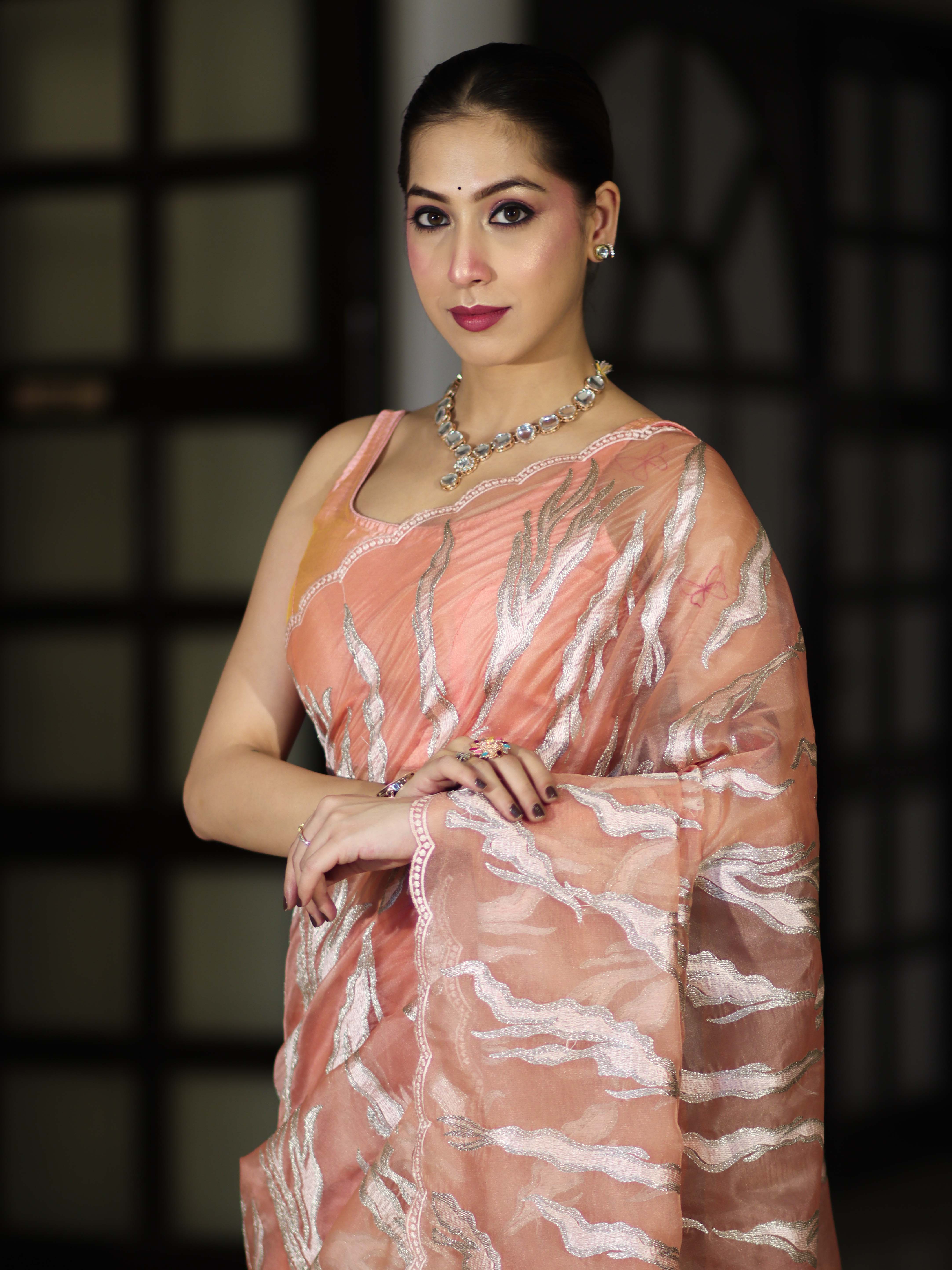 Banarasee Handloom Organza Saree With Resham Zari Work & Scallop Border-Peach