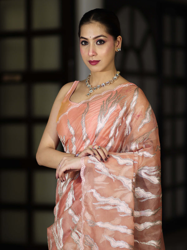 Banarasee Handloom Organza Saree With Resham Zari Work & Scallop Border-Peach