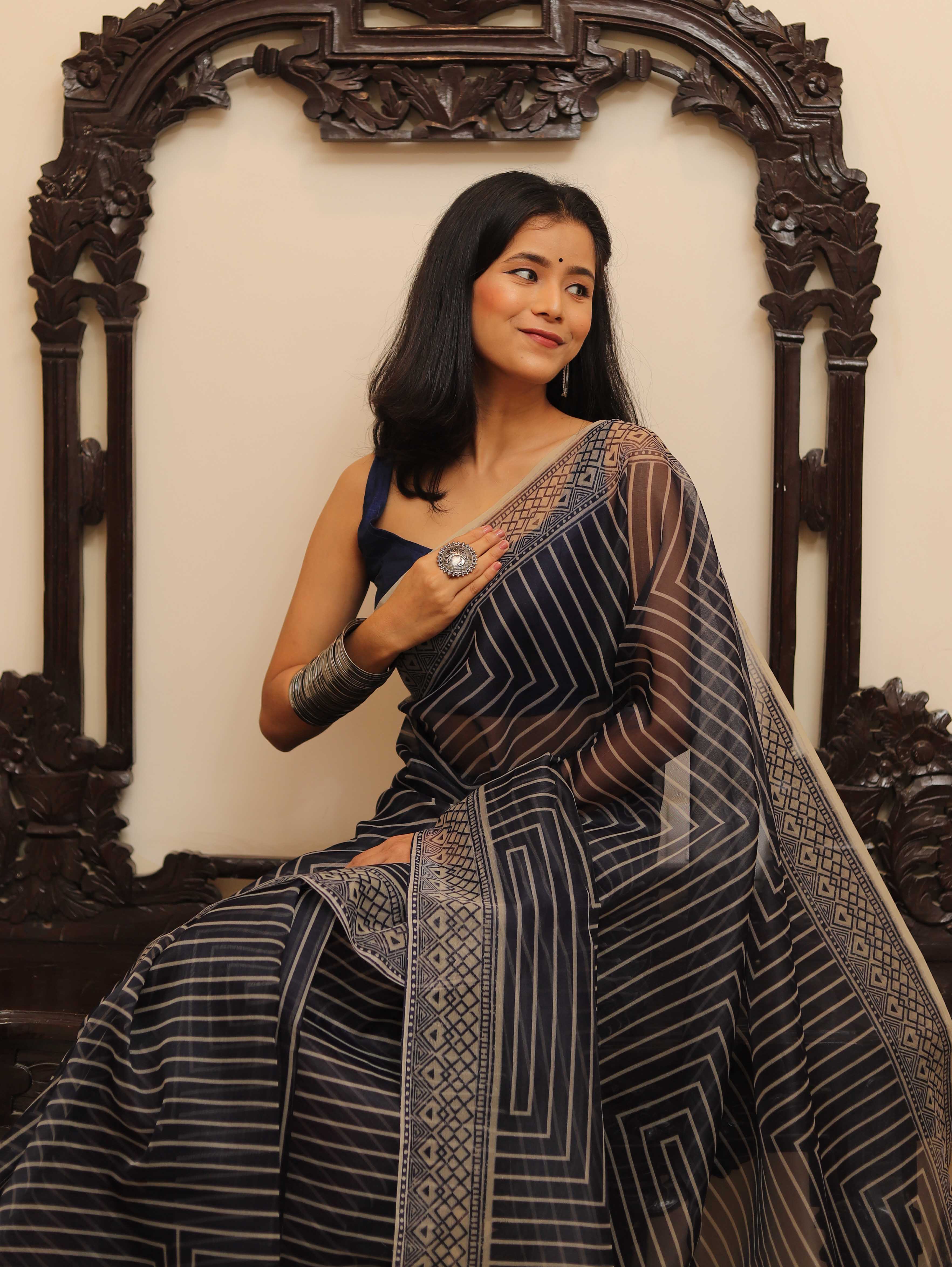 Banarasee Mix Organza printed Saree-Blue