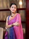 Banarasee Handloom Pure Linen Saree With Gold Zari Border-Multicolor