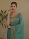 Banarasee Handwoven Semi Silk Saree With Antiue Zari Buti & Border-Pastel Green