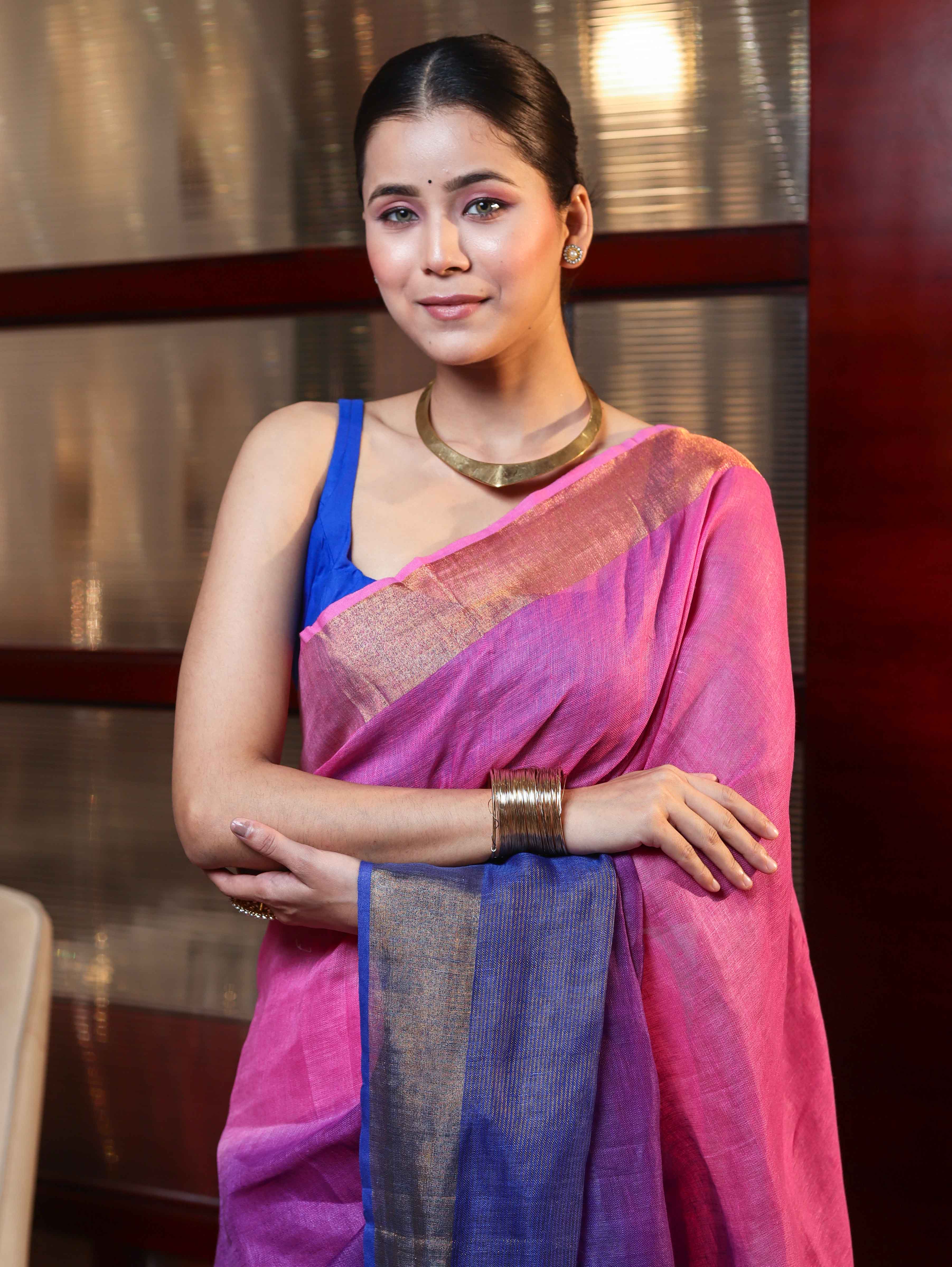 Banarasee Handloom Pure Linen Saree With Gold Zari Border-Multicolor