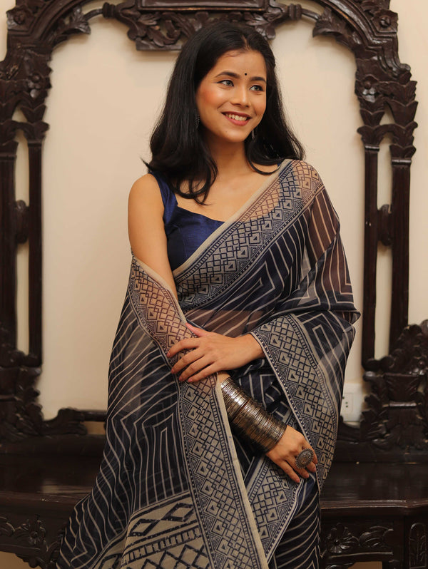 Banarasee Mix Organza printed Saree-Blue