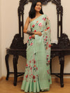 Banarasee Handloom Chanderi Digital Print Saree With Silver Zari Design-Pastel Green