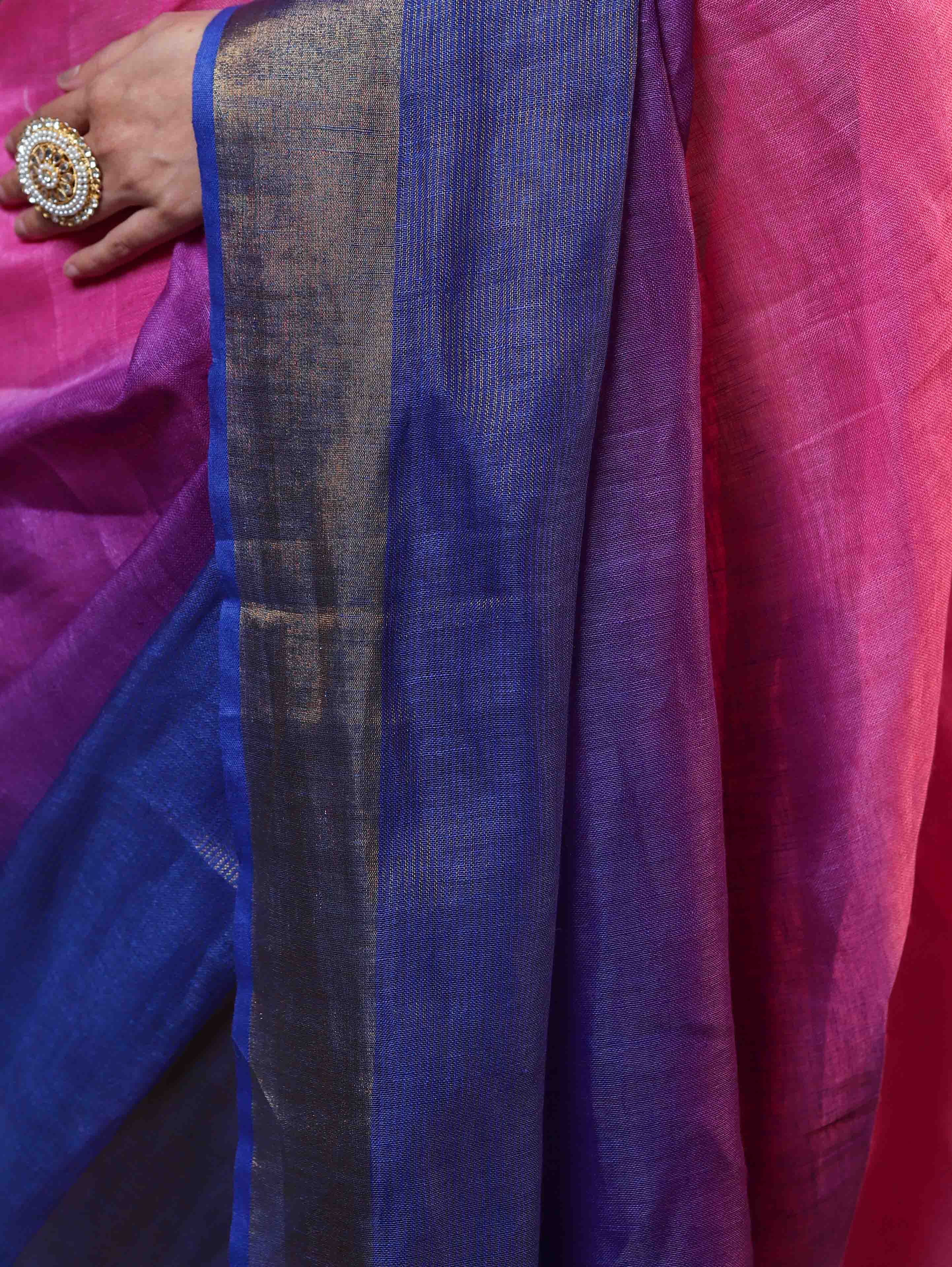 Banarasee Handloom Pure Linen Saree With Gold Zari Border-Multicolor