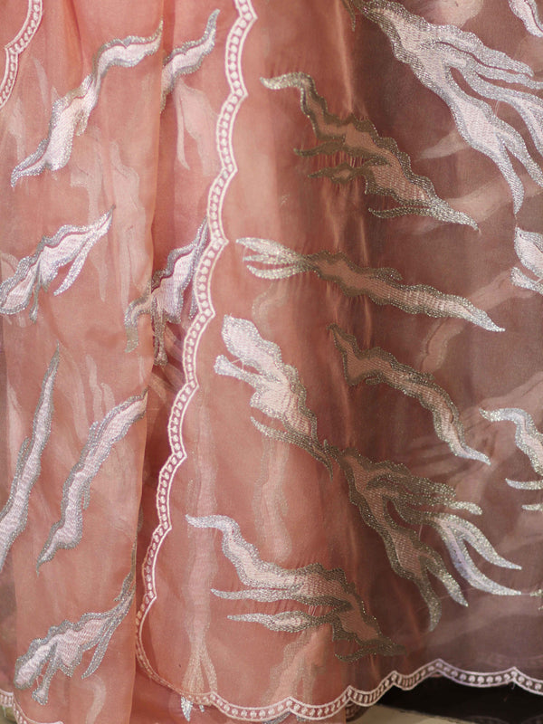 Banarasee Handloom Organza Saree With Resham Zari Work & Scallop Border-Peach