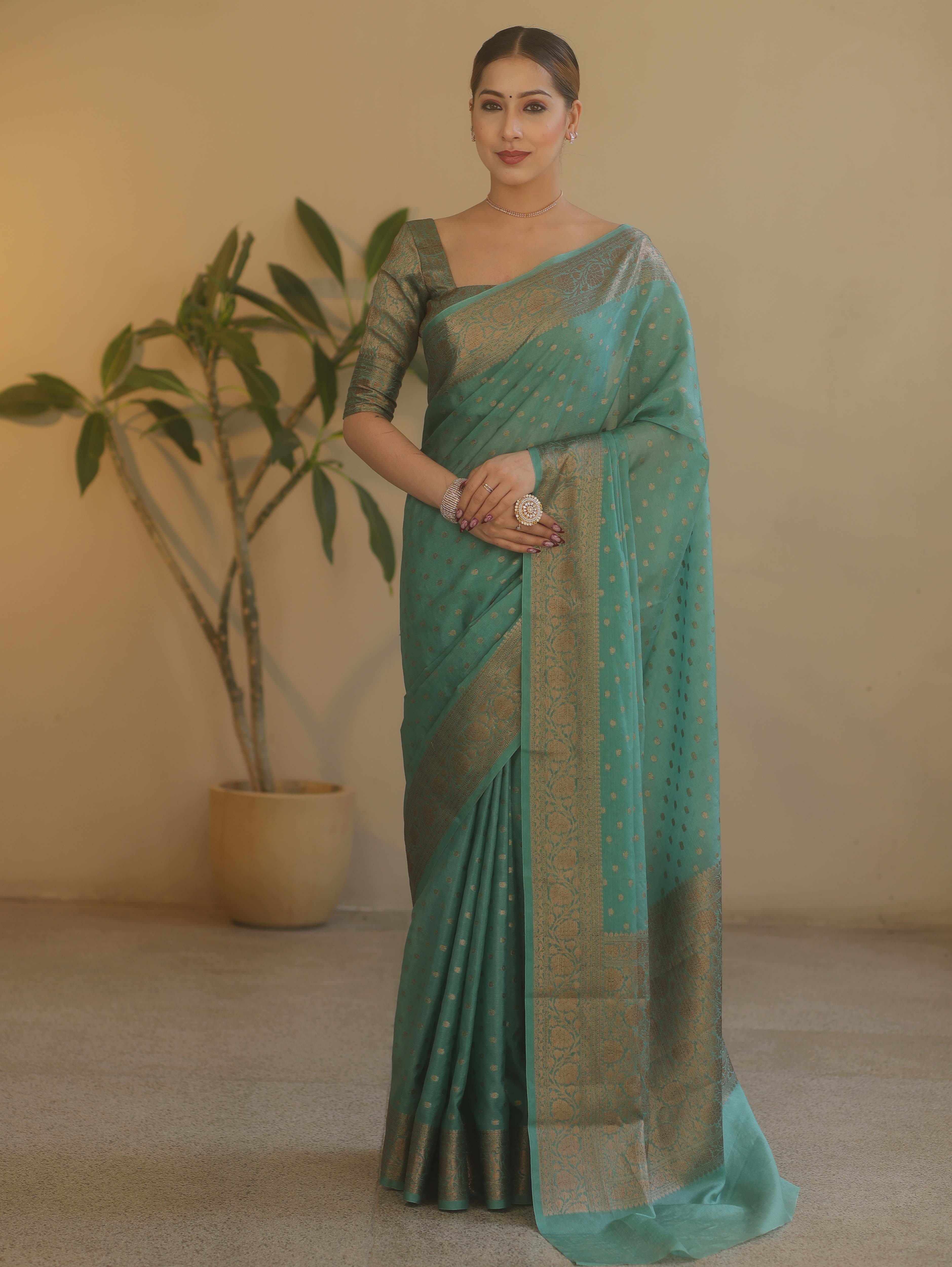 Banarasee Handwoven Semi Silk Saree With Antiue Zari Buti & Border-Pastel Green