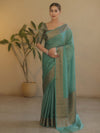 Banarasee Handwoven Semi Silk Saree With Antiue Zari Buti & Border-Pastel Green