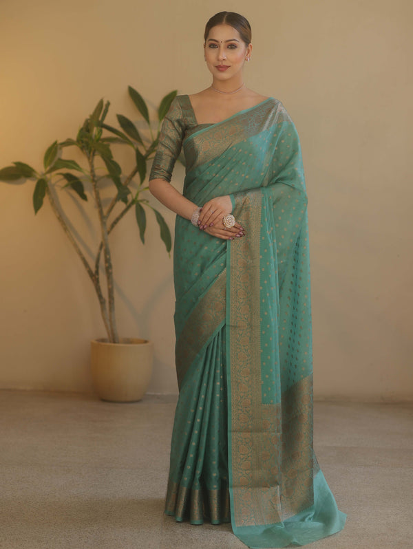 Banarasee Handwoven Semi Silk Saree With Antiue Zari Buti & Border-Pastel Green