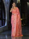 Banarasee Handloom Semi Silk Saree With Leaf Pattern & Floral Zari Border-Peach