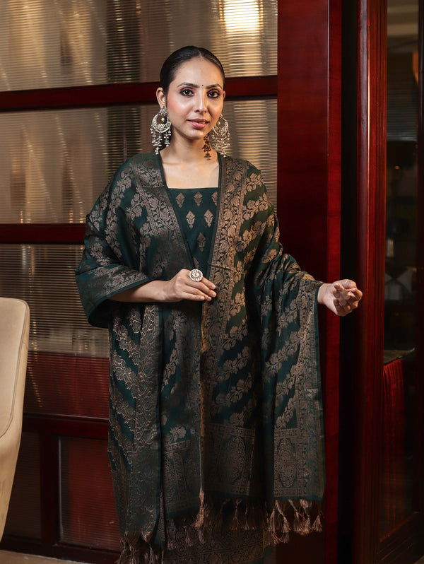Banarasee Cotton Silk Resham Work Salwar Kameez Fabric With Dupatta Set-Deep Green