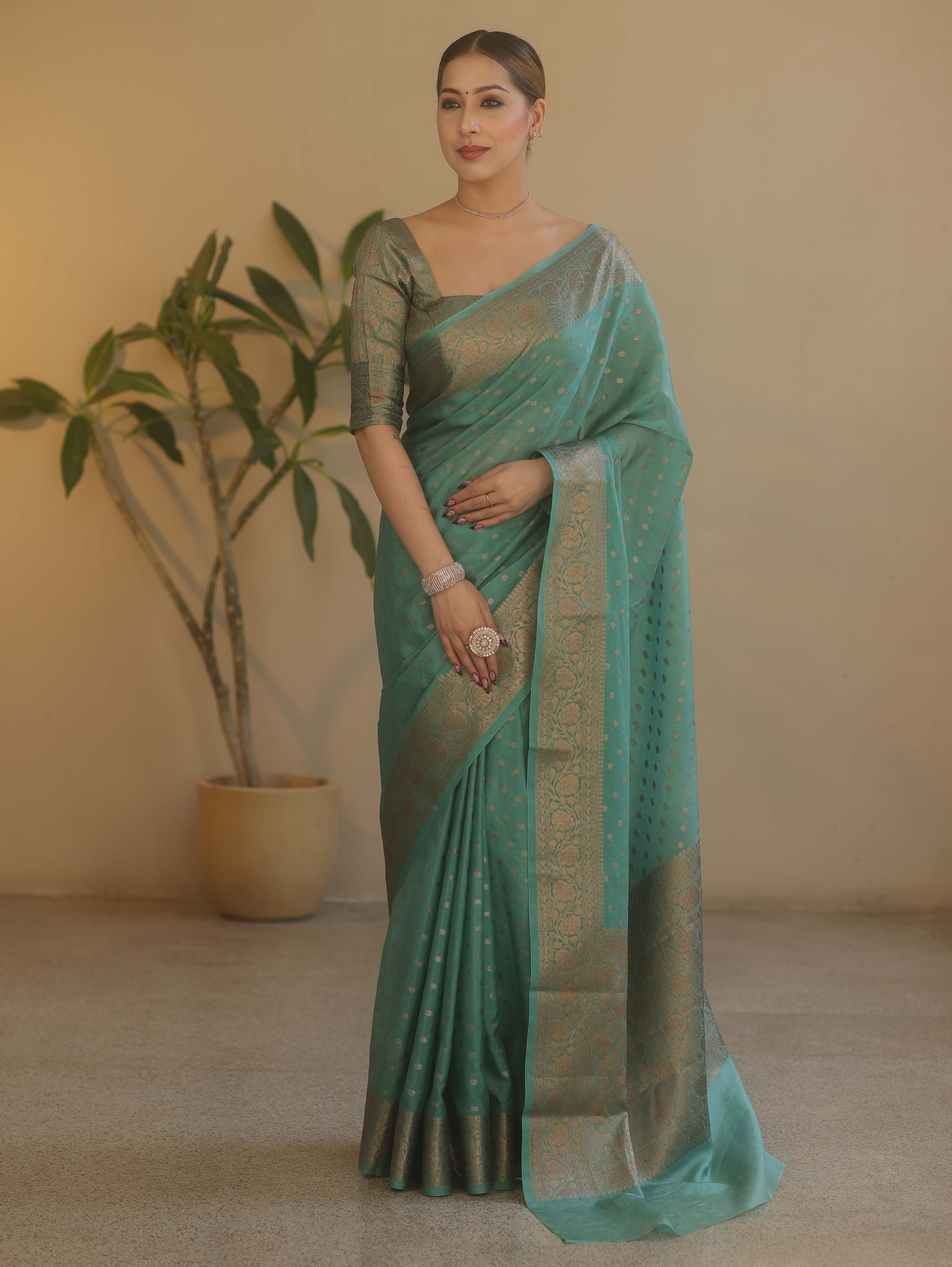 Banarasee Handwoven Semi Silk Saree With Antiue Zari Buti & Border-Pastel Green