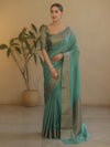 Banarasee Handwoven Semi Silk Saree With Antiue Zari Buti & Border-Pastel Green