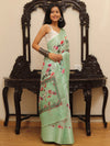 Banarasee Handloom Chanderi Digital Print Saree With Silver Zari Design-Pastel Green