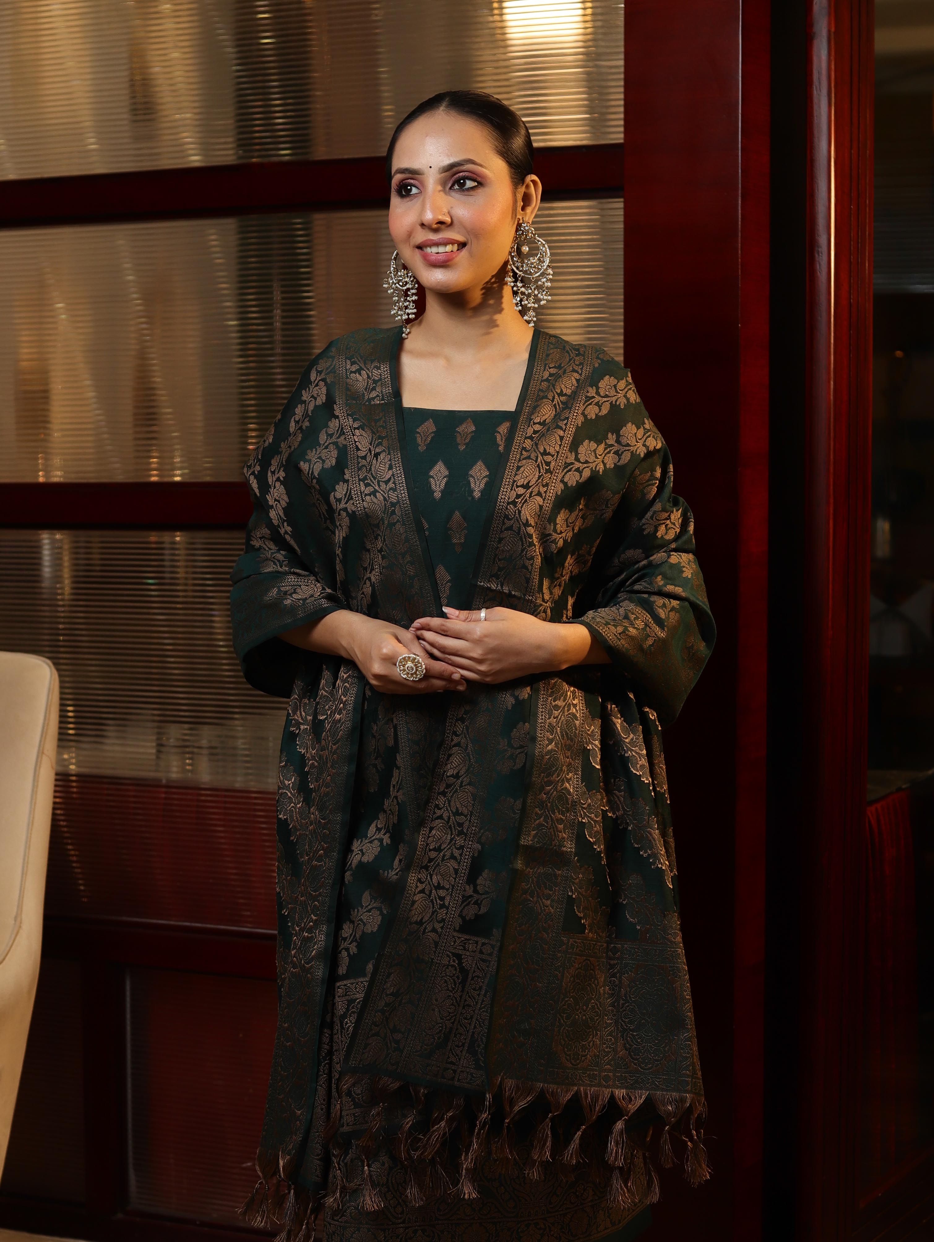 Banarasee Cotton Silk Resham Work Salwar Kameez Fabric With Dupatta Set-Deep Green
