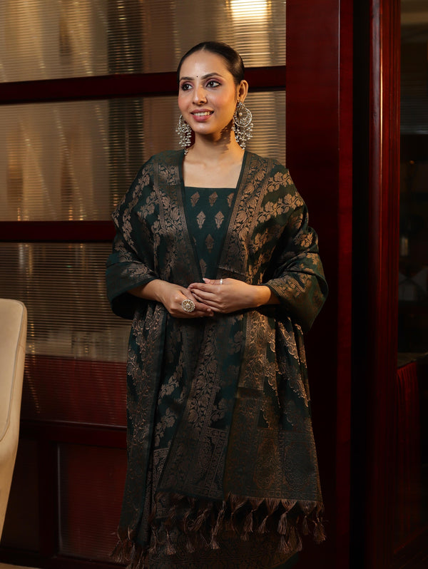 Banarasee Cotton Silk Resham Work Salwar Kameez Fabric With Dupatta Set-Deep Green