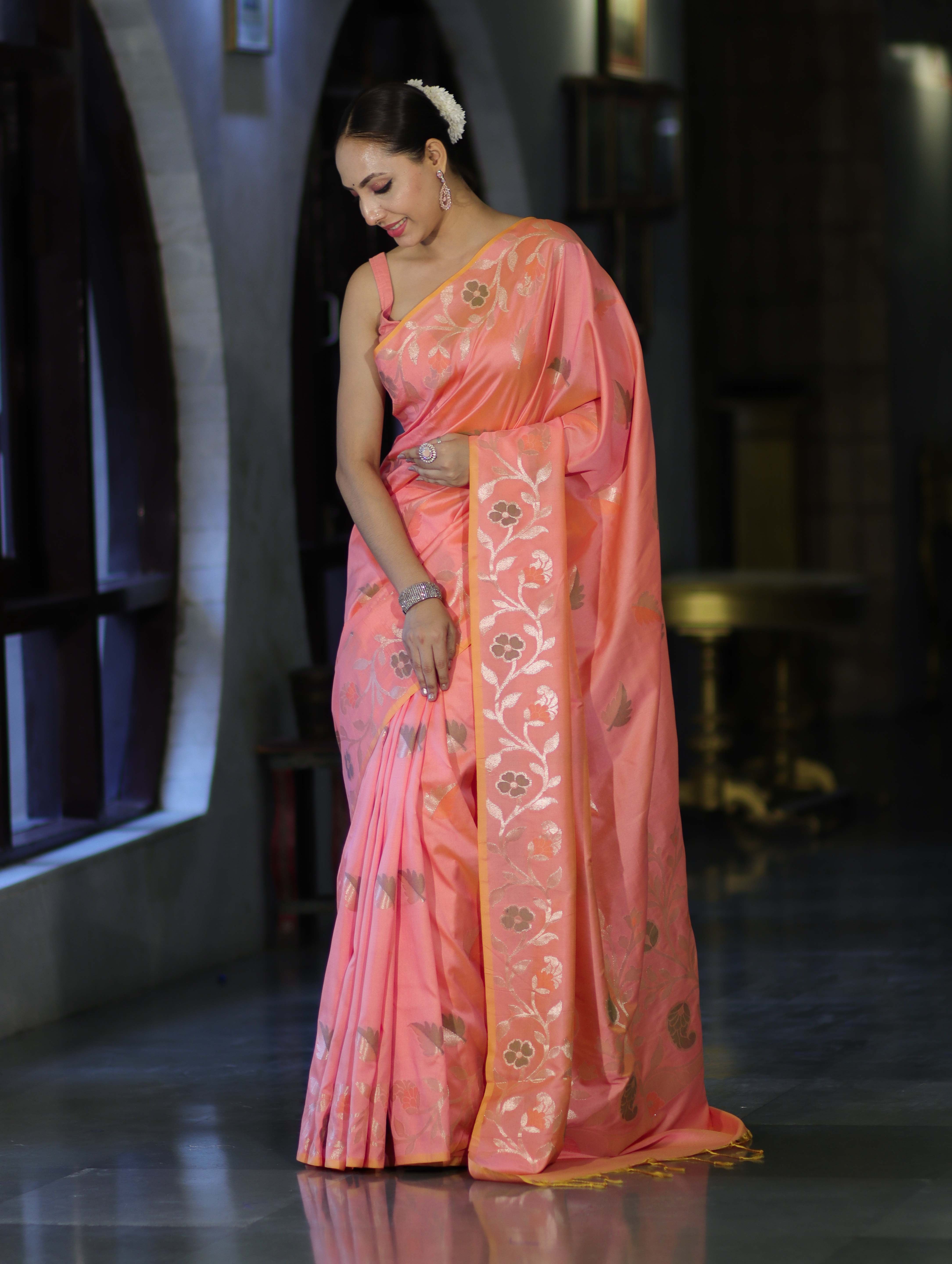 Banarasee Handloom Semi Silk Saree With Leaf Pattern & Floral Zari Border-Peach