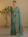 Banarasee Handwoven Semi Silk Saree With Antiue Zari Buti & Border-Pastel Green