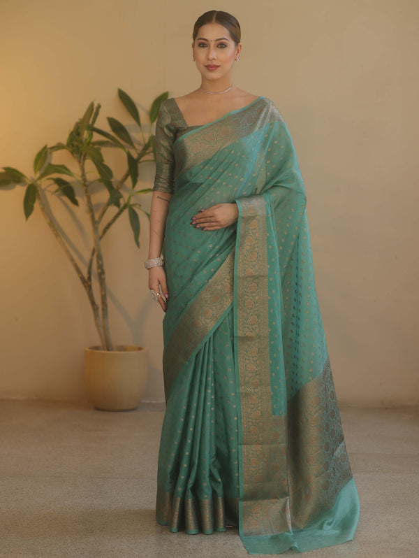 Banarasee Handwoven Semi Silk Saree With Antiue Zari Buti & Border-Pastel Green