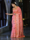 Banarasee Handloom Semi Silk Saree With Leaf Pattern & Floral Zari Border-Peach