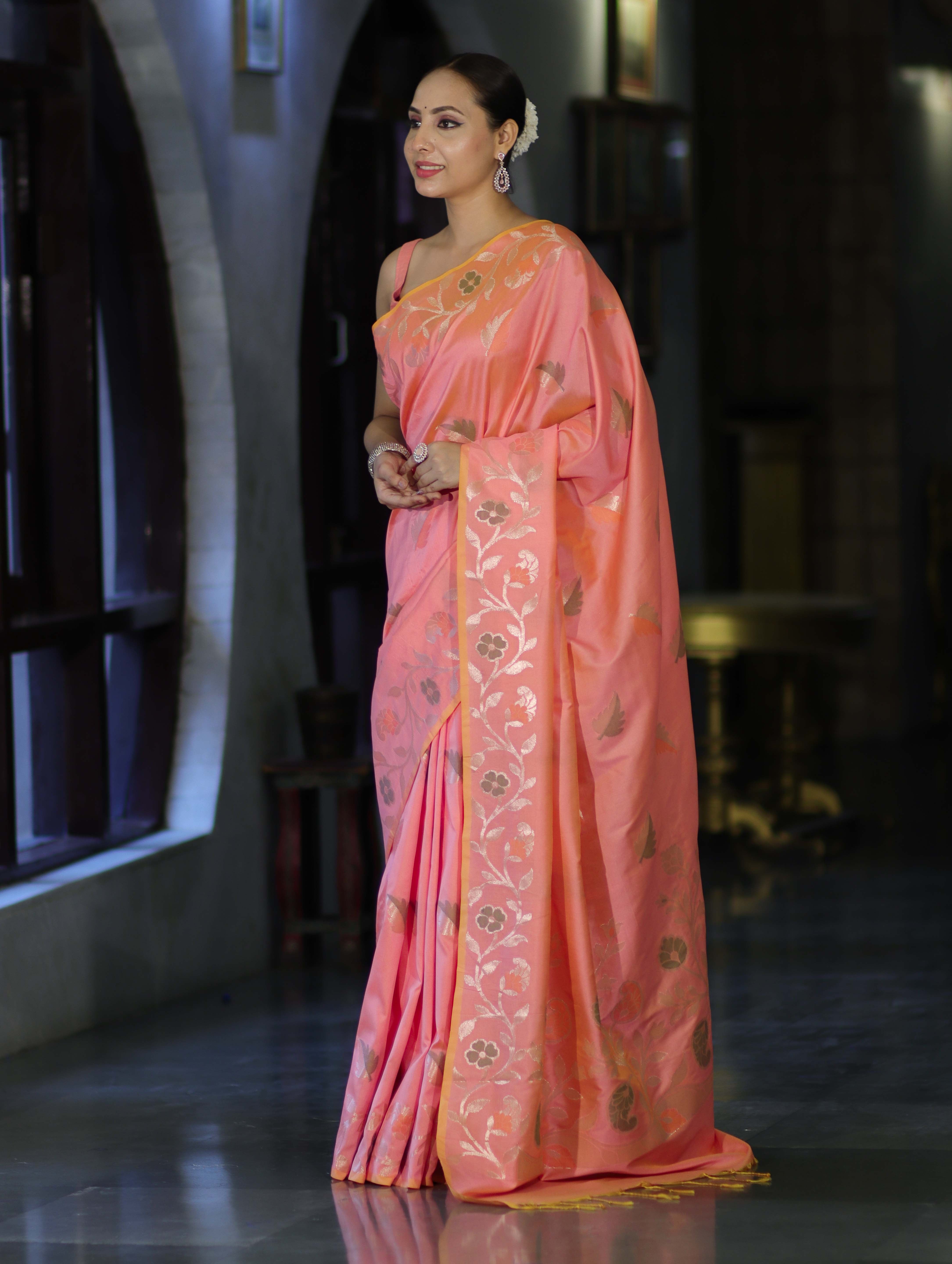 Banarasee Handloom Semi Silk Saree With Leaf Pattern & Floral Zari Border-Peach