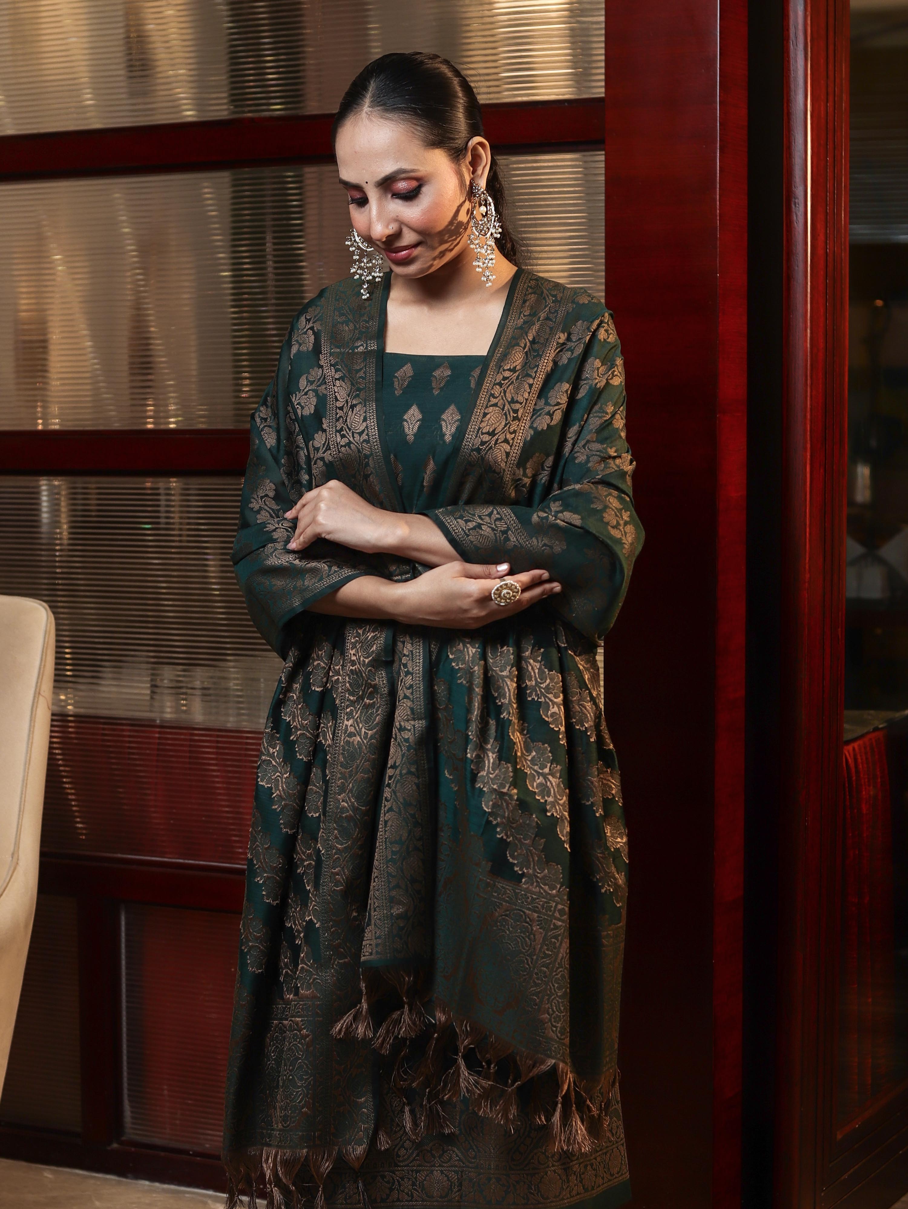 Banarasee Cotton Silk Resham Work Salwar Kameez Fabric With Dupatta Set-Deep Green
