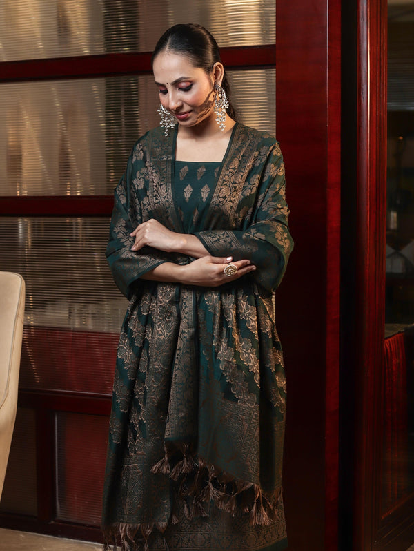 Banarasee Cotton Silk Resham Work Salwar Kameez Fabric With Dupatta Set-Deep Green