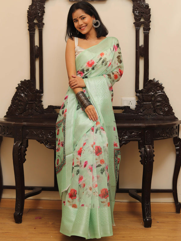 Banarasee Handloom Chanderi Digital Print Saree With Silver Zari Design-Pastel Green