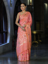 Banarasee Handloom Semi Silk Saree With Leaf Pattern & Floral Zari Border-Peach