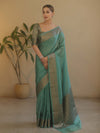 Banarasee Handwoven Semi Silk Saree With Antiue Zari Buti & Border-Pastel Green