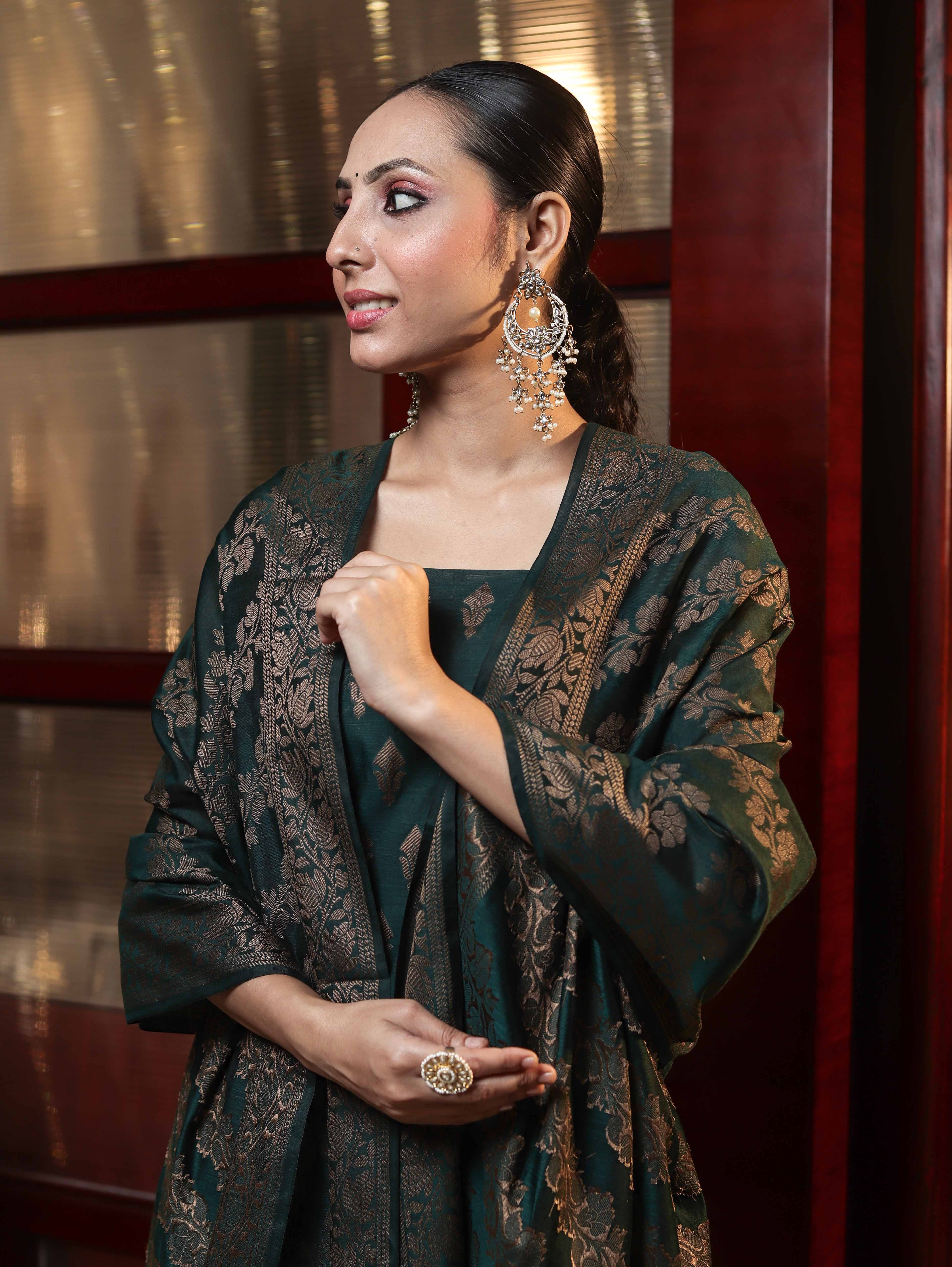Banarasee Cotton Silk Resham Work Salwar Kameez Fabric With Dupatta Set-Deep Green