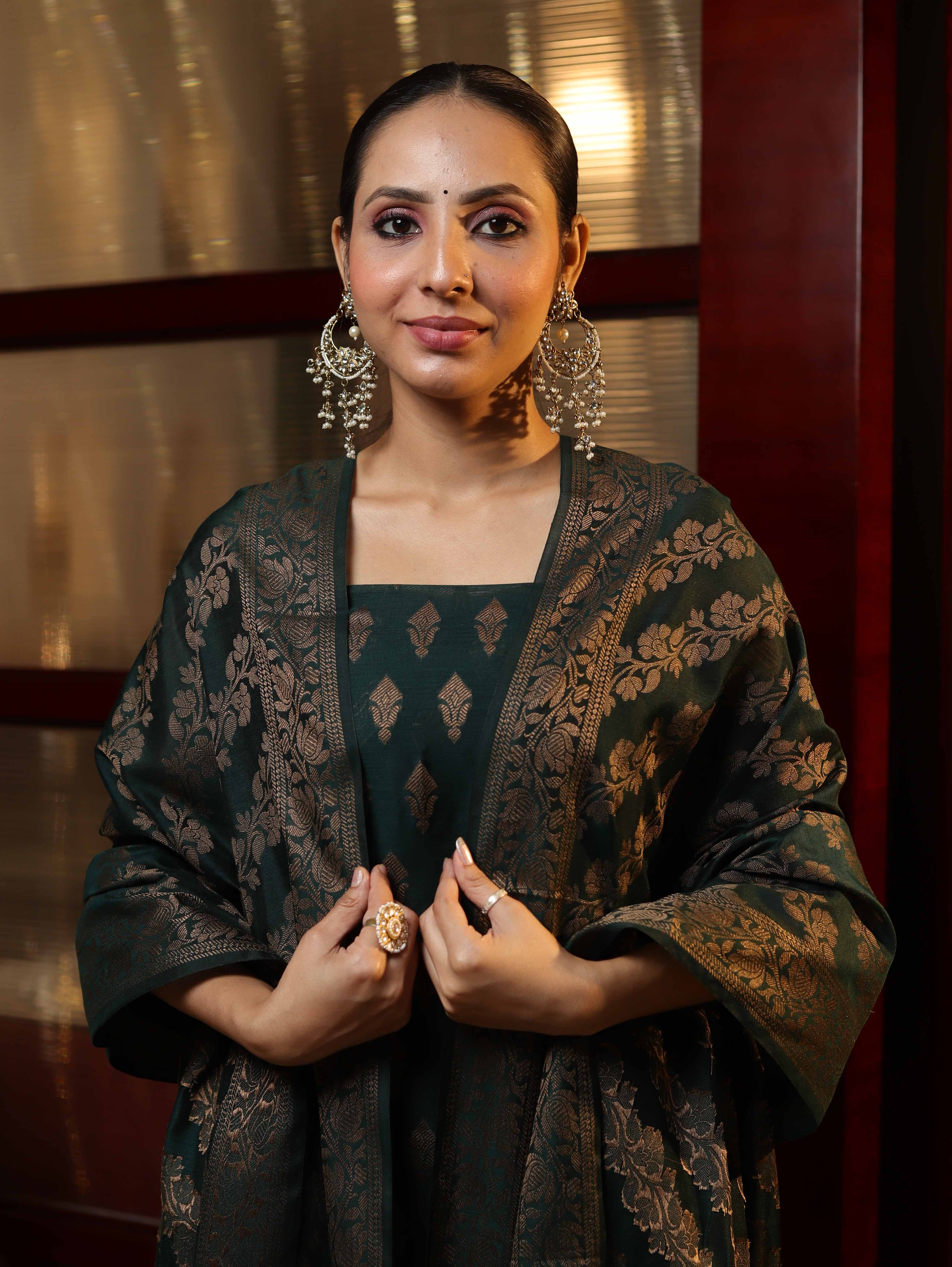 Banarasee Cotton Silk Resham Work Salwar Kameez Fabric With Dupatta Set-Deep Green