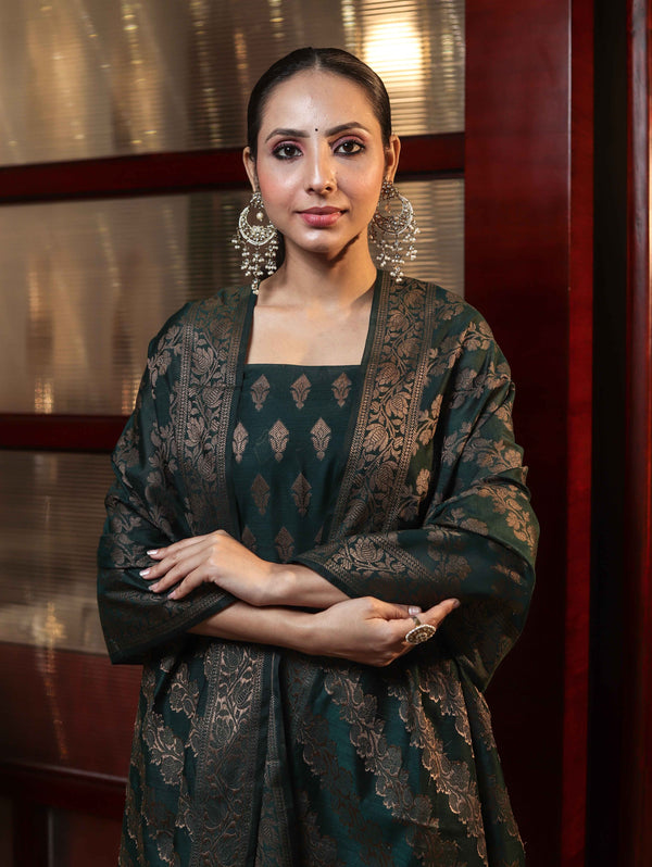 Banarasee Cotton Silk Resham Work Salwar Kameez Fabric With Dupatta Set-Deep Green
