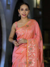 Banarasee Handloom Semi Silk Saree With Leaf Pattern & Floral Zari Border-Peach