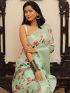 Banarasee Handloom Chanderi Digital Print Saree With Silver Zari Design-Pastel Green